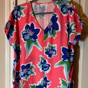 Women's Cotton Bleu Floral Blouse - Pink & Blue Short Sleeve V-Neck Top - Small